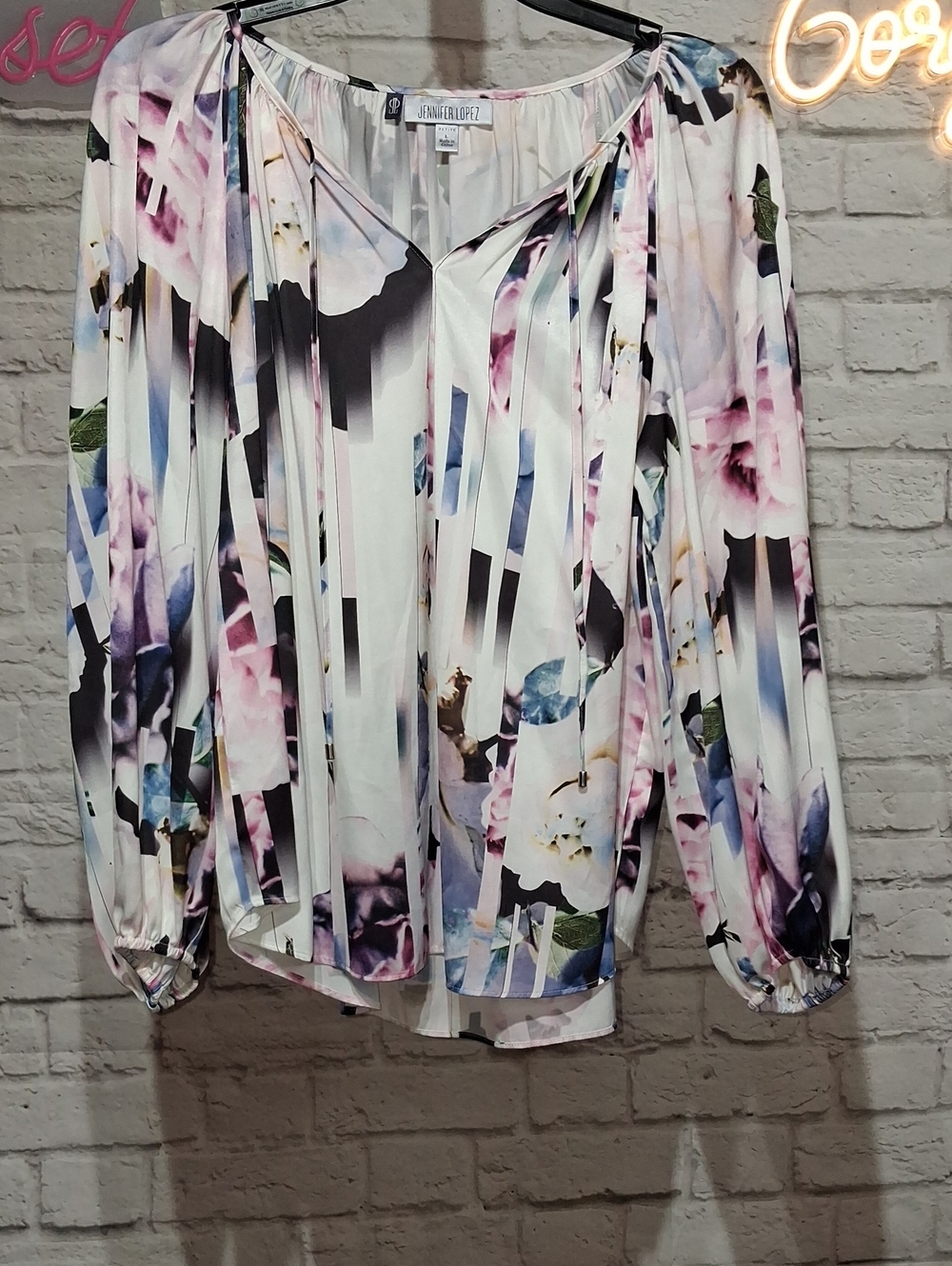 Jennifer Lopez Floral Stripe V-Neck Blouse - White/Pink/Blue